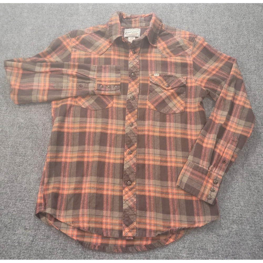 Stapleford Western Flannel Shirt Mens Med Brown Orange Plaid Pearl Snap Cotton